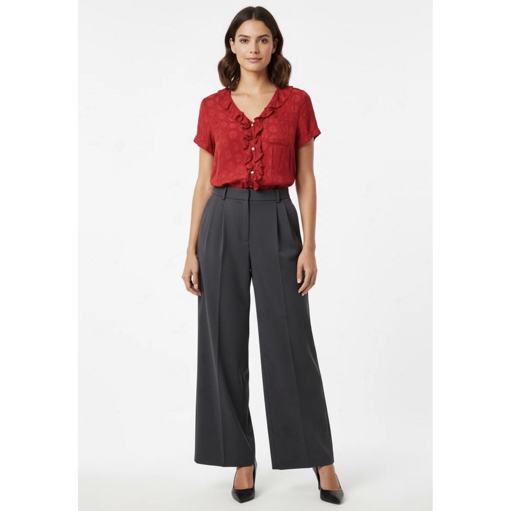 Anthropologie Maeve Red Ruffle Blouse Polka Dot Short Sleeve Vneck L Business
